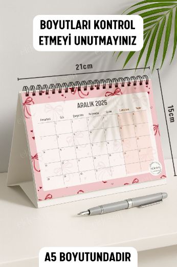 Pembe Fiyonk 2026 Yılı Aylık Masa Takvimi Spiralli A5 resmi