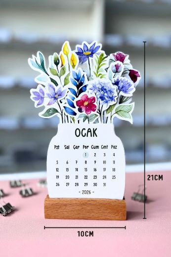 Çiçekli 2026 Kayın Ağacı Standlı Masaüstü Takvim resmi