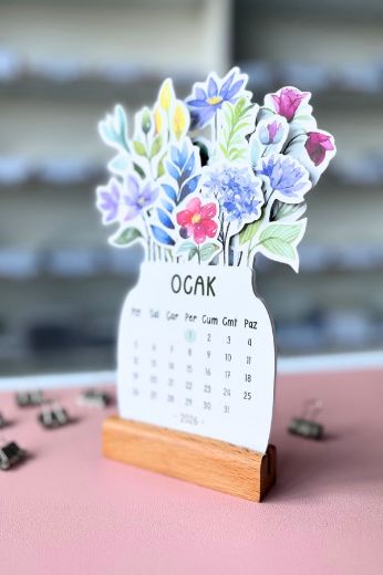 Çiçekli 2026 Kayın Ağacı Standlı Masaüstü Takvim resmi