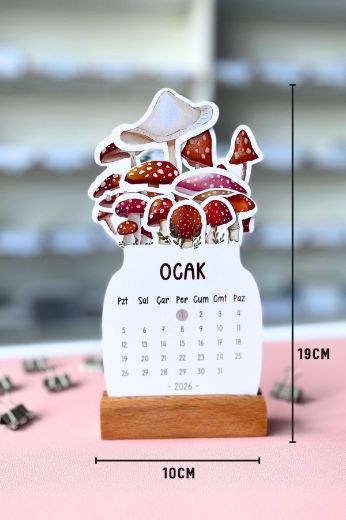 Mantarlı 2026 Kayın Ağacı Standlı Masaüstü Takvim resmi