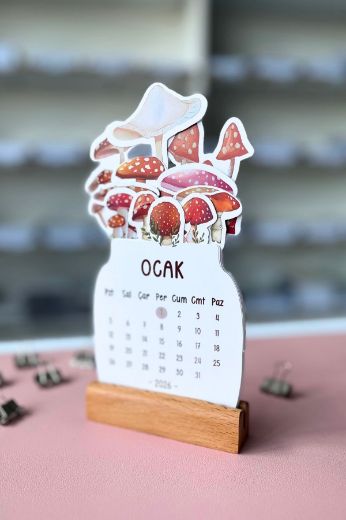 Mantarlı 2026 Kayın Ağacı Standlı Masaüstü Takvim resmi