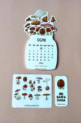 Mantarlı 2026 Kayın Ağacı Standlı Masaüstü Takvim resmi