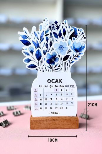 Mavi Çiçek 2026 Kayın Ağacı Standlı Masaüstü Takvim resmi