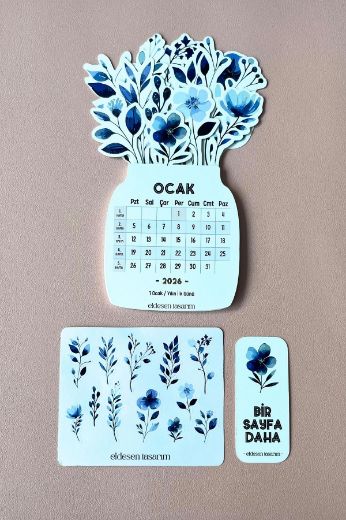 Mavi Çiçek 2026 Kayın Ağacı Standlı Masaüstü Takvim resmi