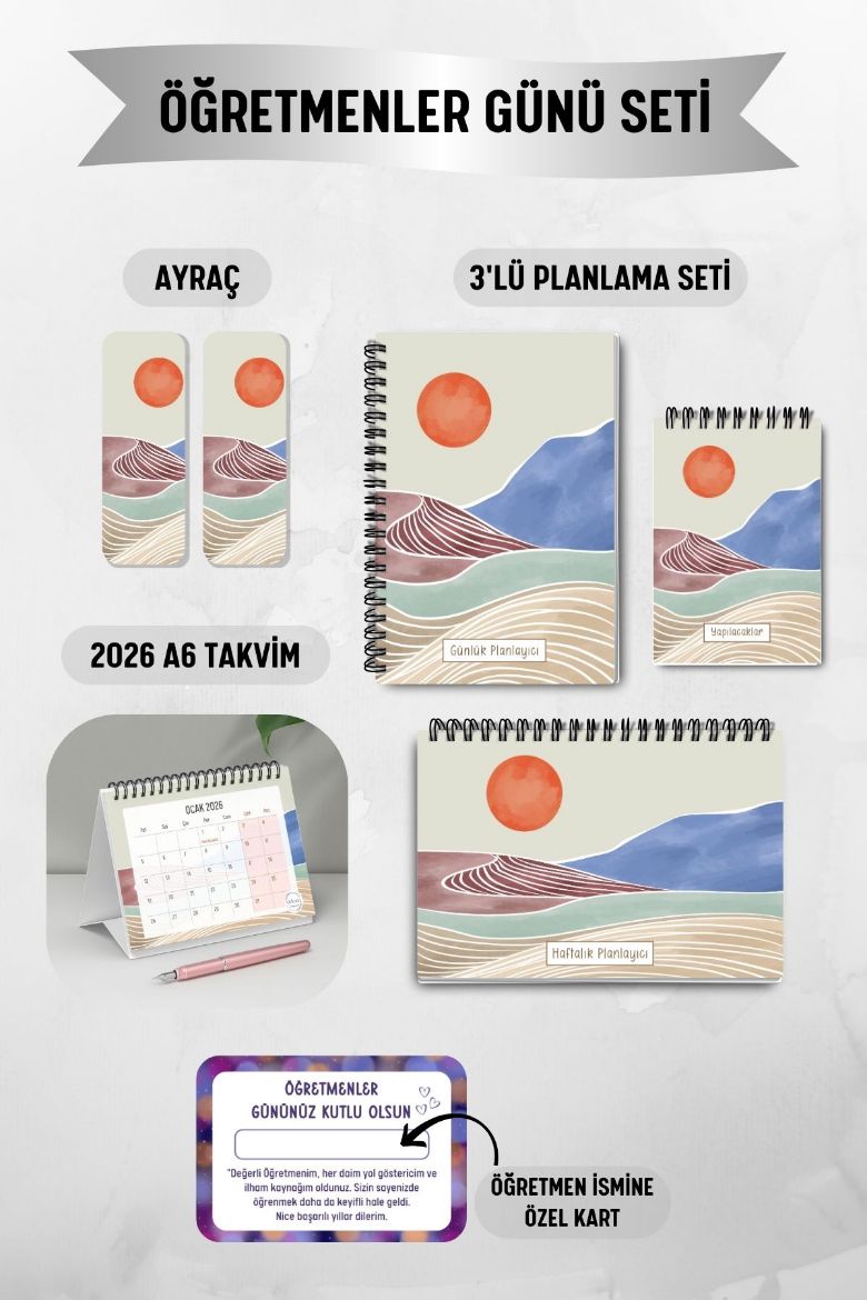 Kahve Rengi Boho 3'lü Planlama Seti ve A6 Takvim / Öğretmenler Günü resmi