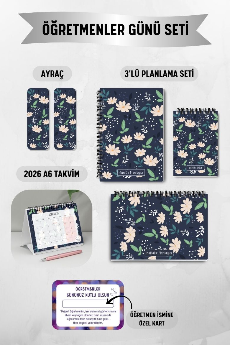 Lacivert Papatya 3'lü Planlama Seti ve A6 Takvim / Öğretmenler Günü resmi
