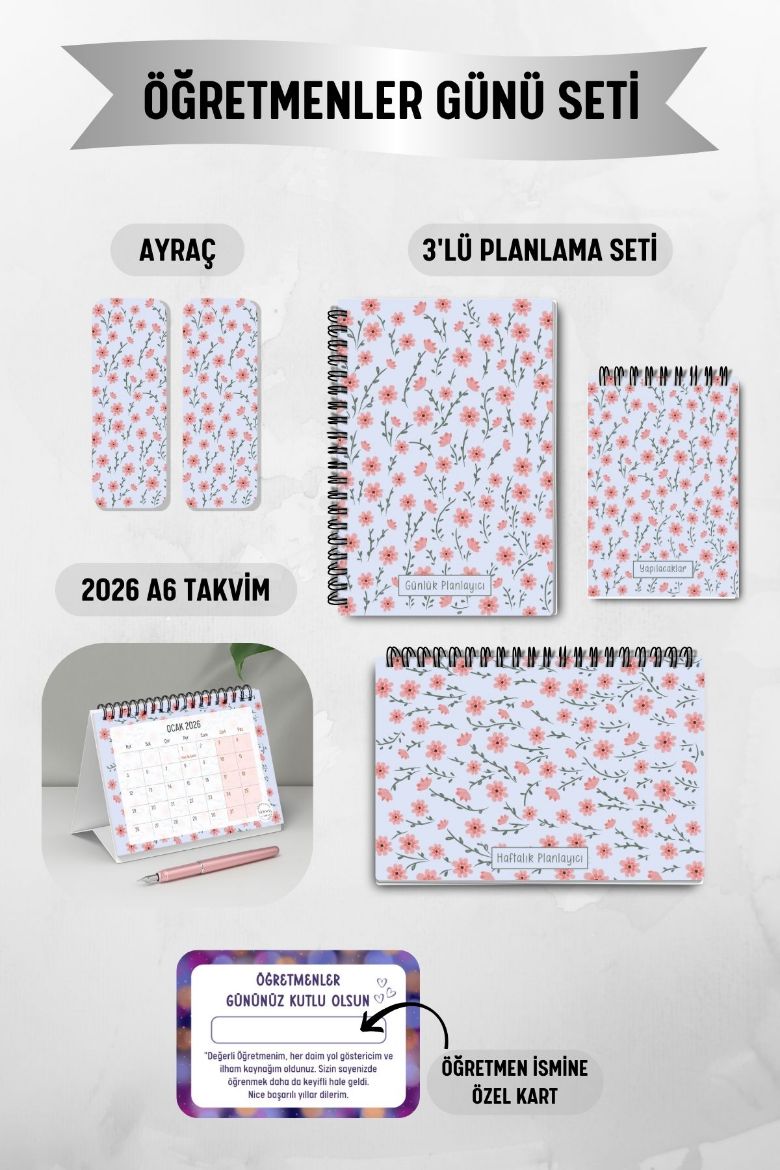 Lila Çiçek 3'lü Planlama Seti ve A6 Takvim / Öğretmenler Günü resmi
