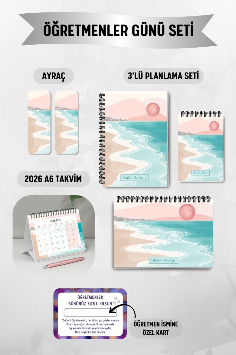 Pembe Boho 3'lü Planlama Seti ve A6 Takvim / Öğretmenler Günü resmi