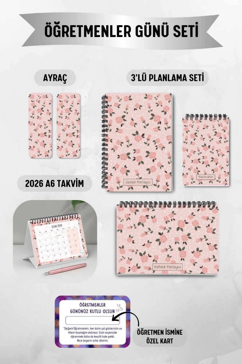 Pembe Çiçek 3'lü Planlama Seti ve A6 Takvim / Öğretmenler Günü resmi