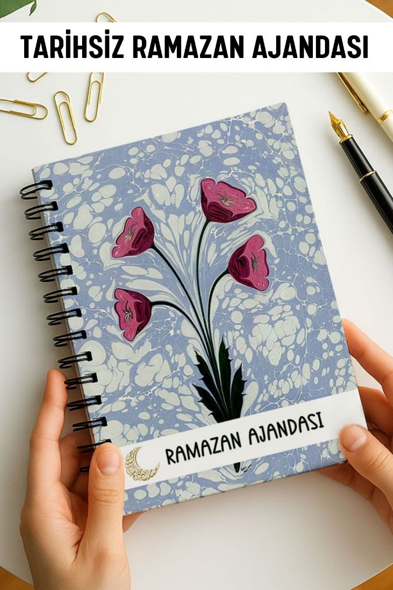 Mavi Ebru Ramazan Ajandası, Oruç, Hatim, Teravih, Günlük ve Aylık Planlayıcı resmi