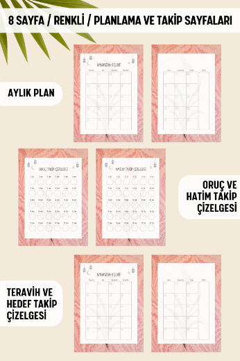 Pembe Ebru Ramazan Ajandası, Oruç, Hatim, Teravih, Günlük ve Aylık Planlayıcı resmi