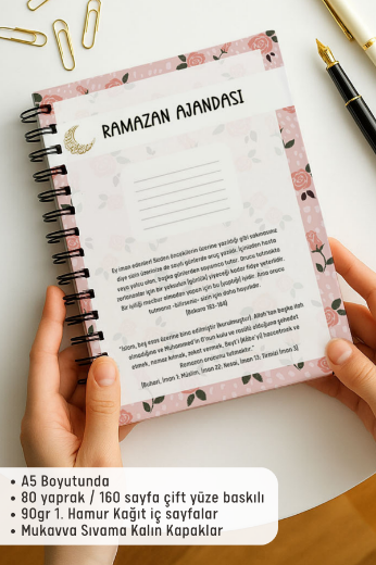 Pembe Çiçekli Ramazan Ajandası, Oruç, Hatim, Teravih, Günlük ve Aylık Planlayıcı resmi