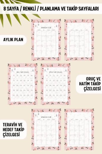Pembe Çiçekli Ramazan Ajandası, Oruç, Hatim, Teravih, Günlük ve Aylık Planlayıcı resmi