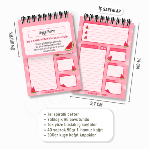 40 Yaprak Karpuzlu Spiralli A6 Defter - İsme Özel Karne Hediyesi resmi