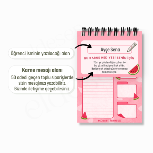 40 Yaprak Karpuzlu Spiralli A6 Defter - İsme Özel Karne Hediyesi resmi